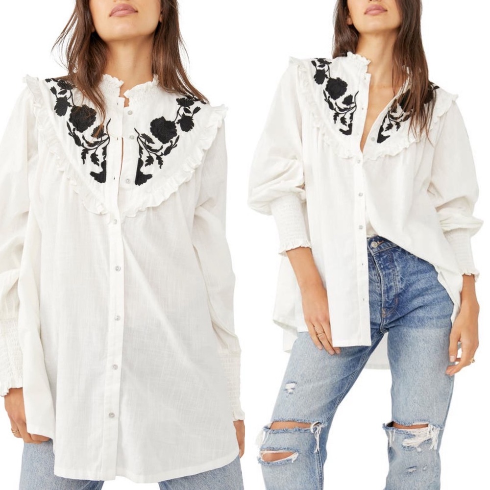 NWT Free People Rose Vines Embroidered Top SZ L